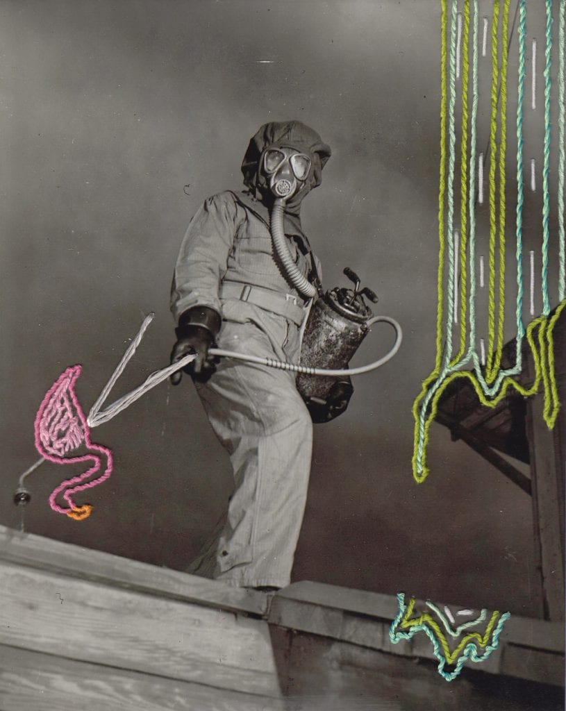 Embroidery art on black and white historical photography, green slime and flamingo on masked man in suburbs