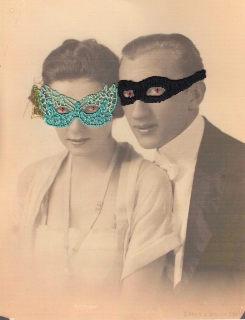 Embroidery art on black and white historical photography, couple in masks