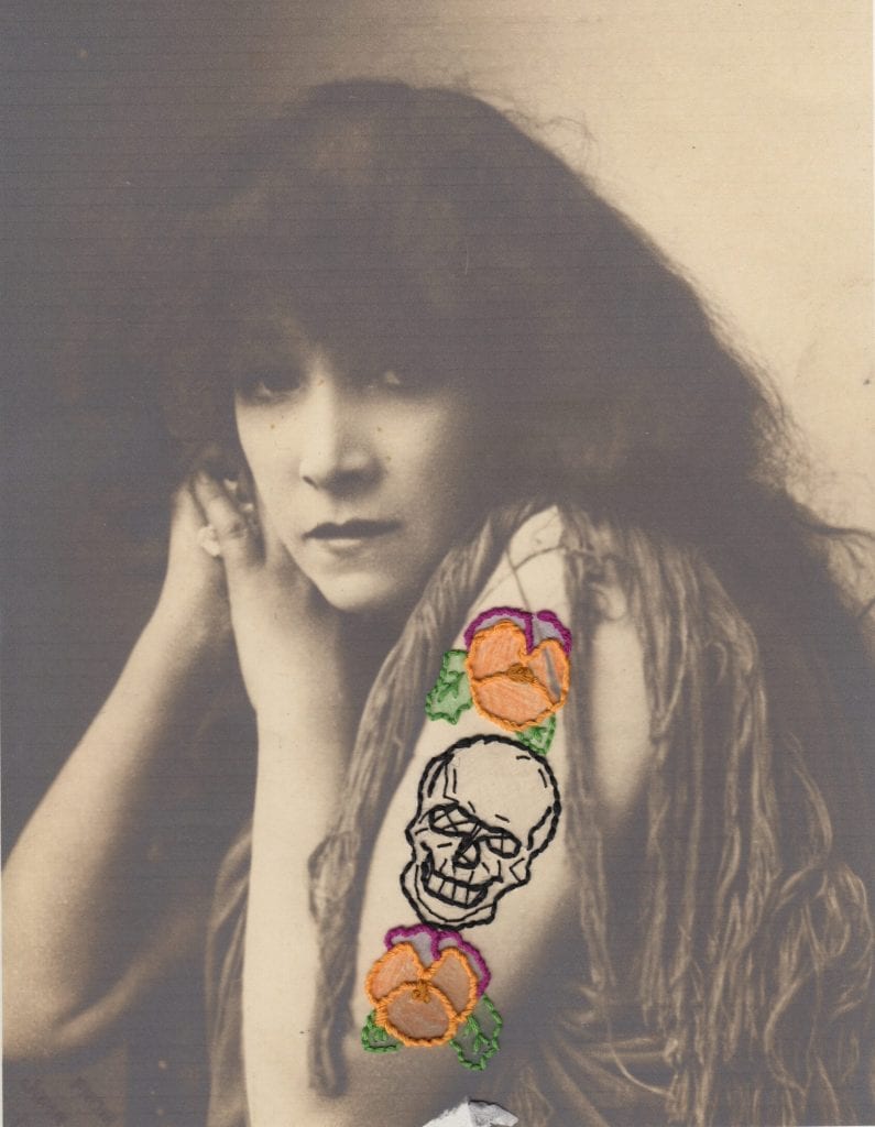 Embroidery art on black and white historical photography, woman with arm tattoo