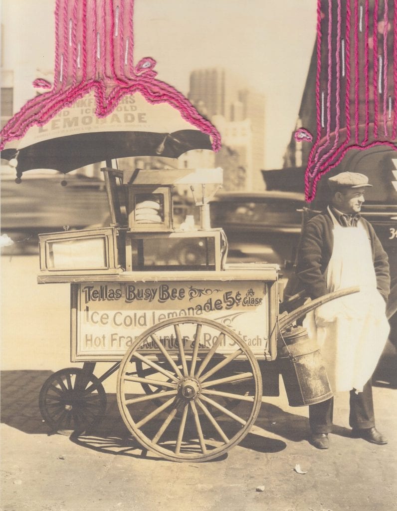 Embroidery art on black and white historical photography, pink slime on hot dog food cart