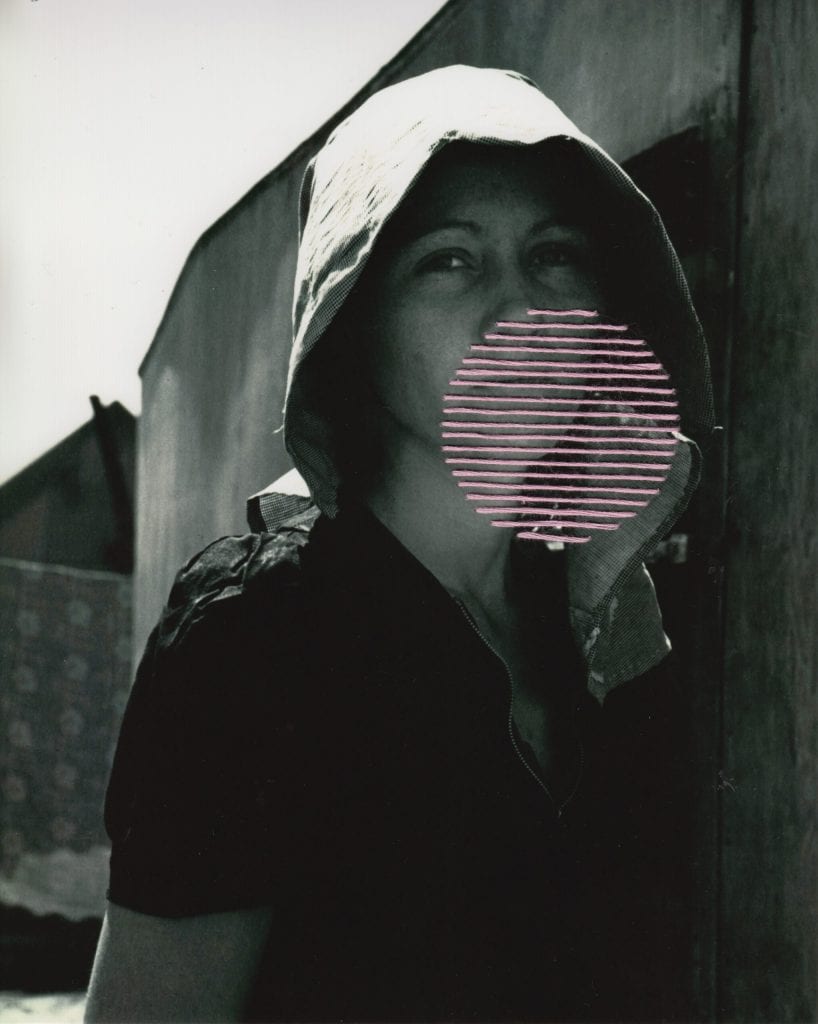Embroidery art on black and white historical photography, pink lines in front of young girl's face