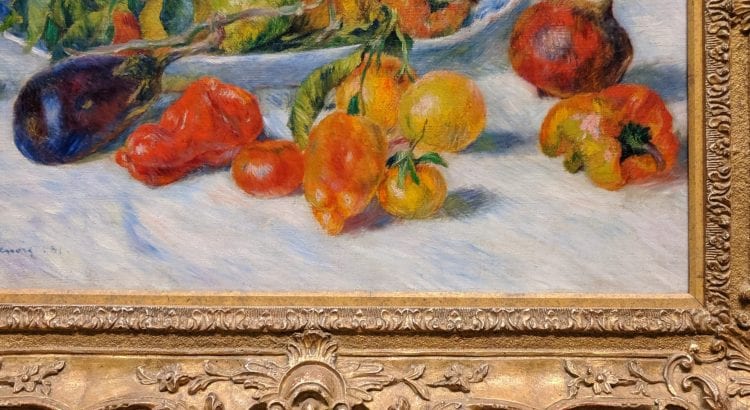 Photo of a painting of fruits and vegetables on a table