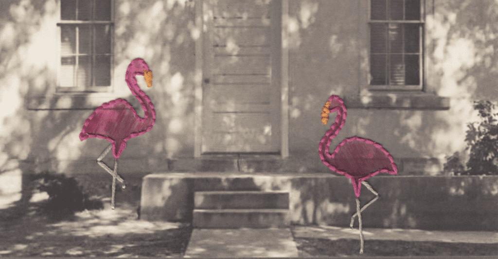 Custom embroidery art pink flamingos by Jackie Mantey