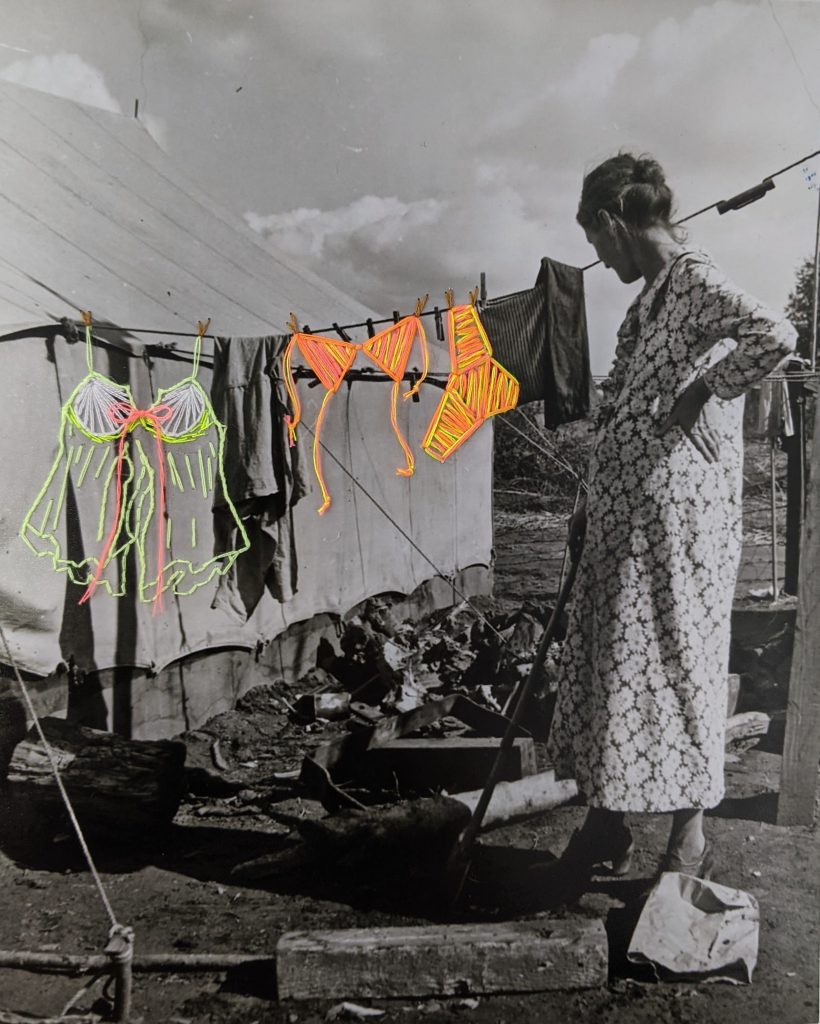 Neon thread embroidery of teddy and string bikini on a historical photo of a woman hanging working laundry on a clothesline.