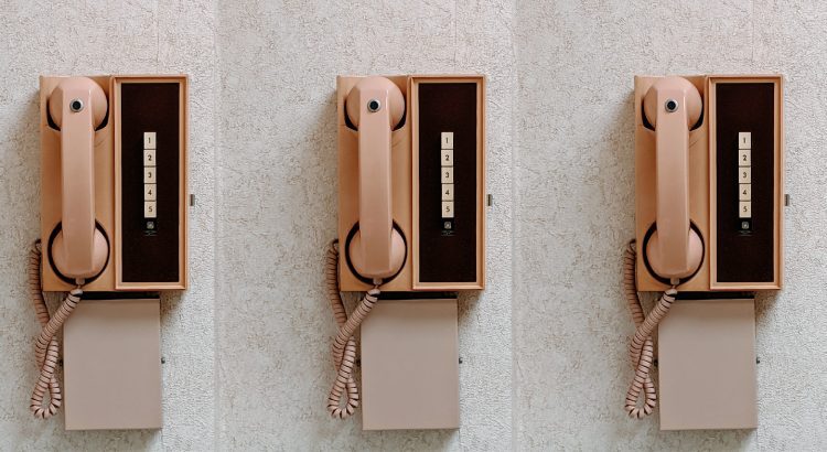 Three side-by-side images of a tan brown phone with five white dial buttons, numbered one through five.