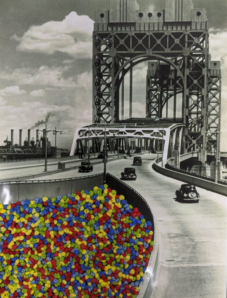Embroidered ball pit of French knots by Jackie Mantey fill the gap under a highway as cars head toward a smoke stack, photographed by Berenice Abbott.