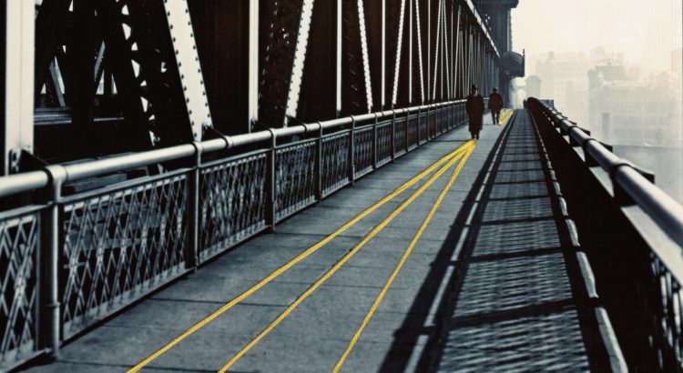 Berenice Abbott black and white photo of two men in the distance walking on a bridge. Bright yellow embroidery floss emanates from each of their paths.