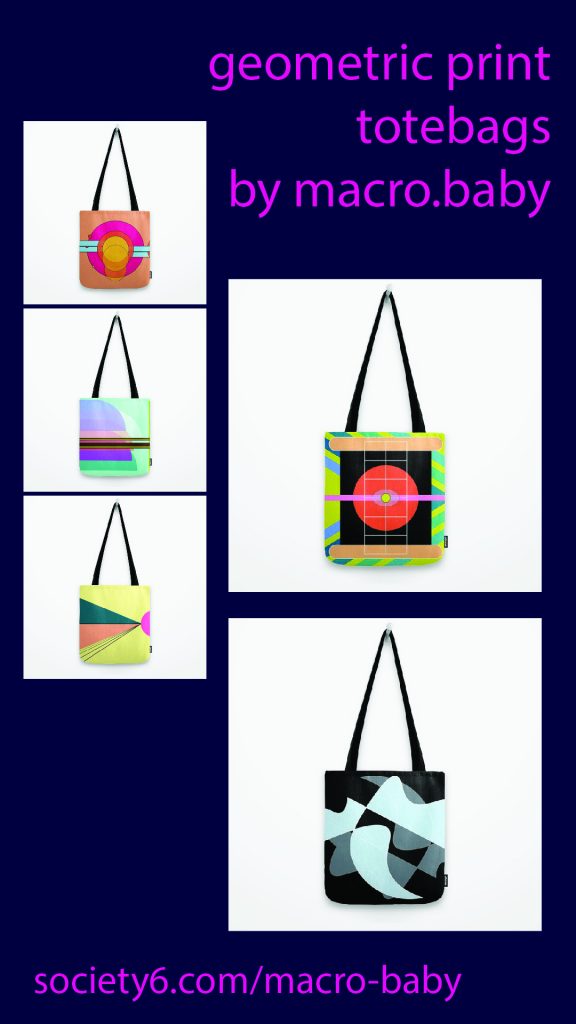 Title card with five images of totebags reading "Geometric print totebags by macro.baby."