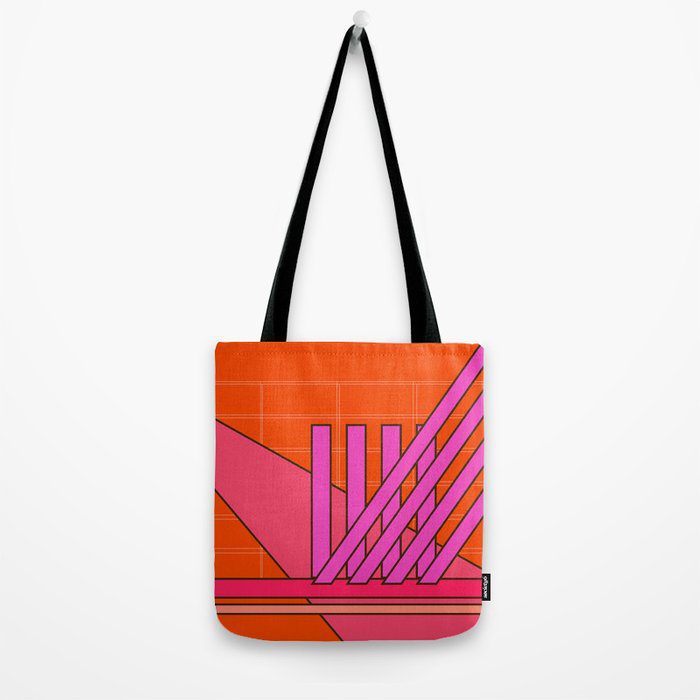 Pink and orange geometric print totebag with black handle.