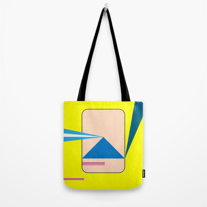 Yellow and blue totebag with geometric print.