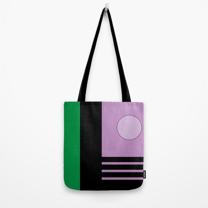 Purple, black, and green designed totebag with black handle.