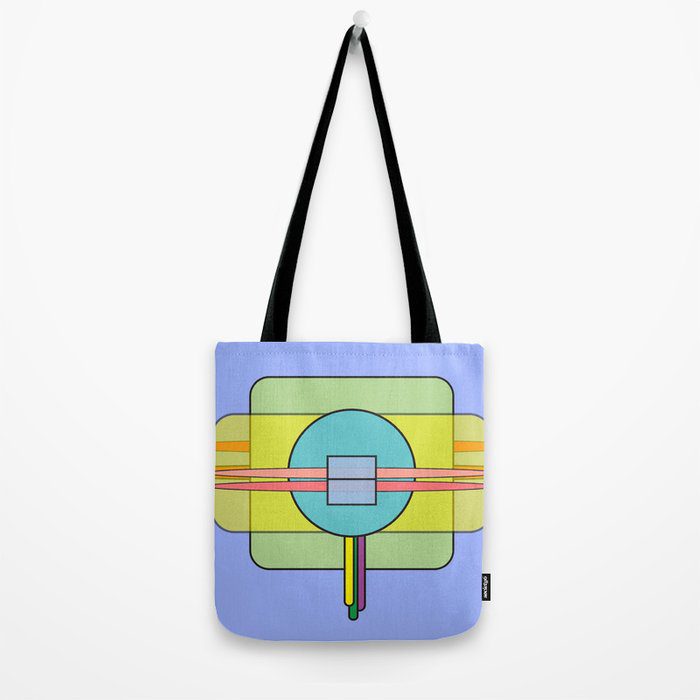 Layered graphic design art print on poly polin totebag with black handle.