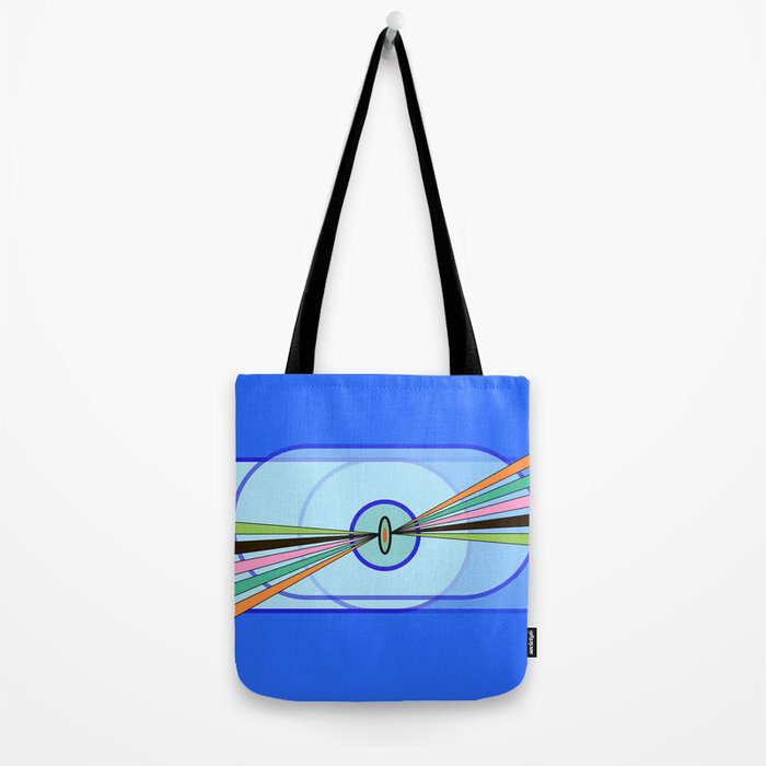 Multi-hue blue graphic design with orange, green, and pink beams printed on poly poplin totebag.